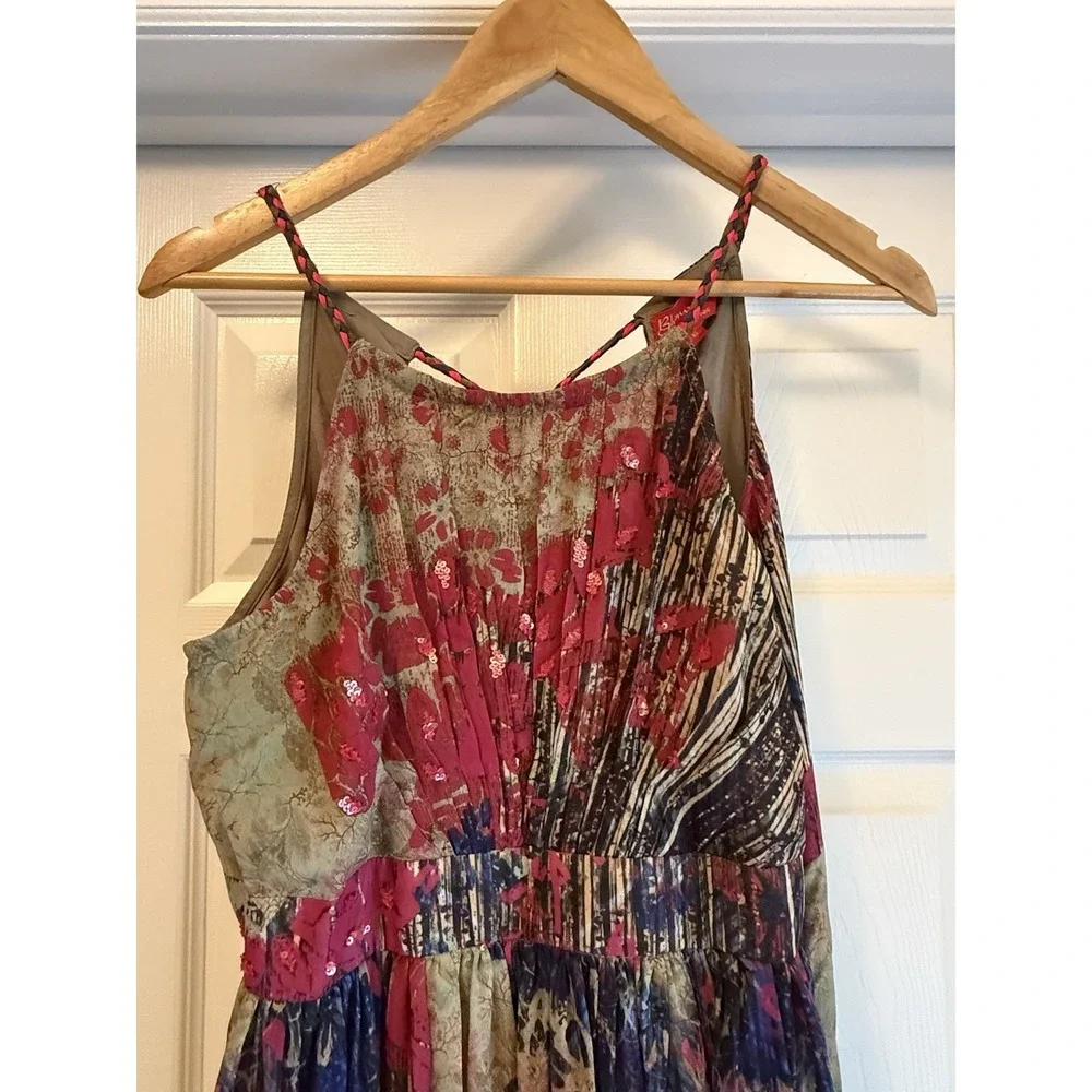 Bhanuni by Jyoti Maxi Dress Women 6 Multicolor Floral Sequin Boho Tassel Pleated